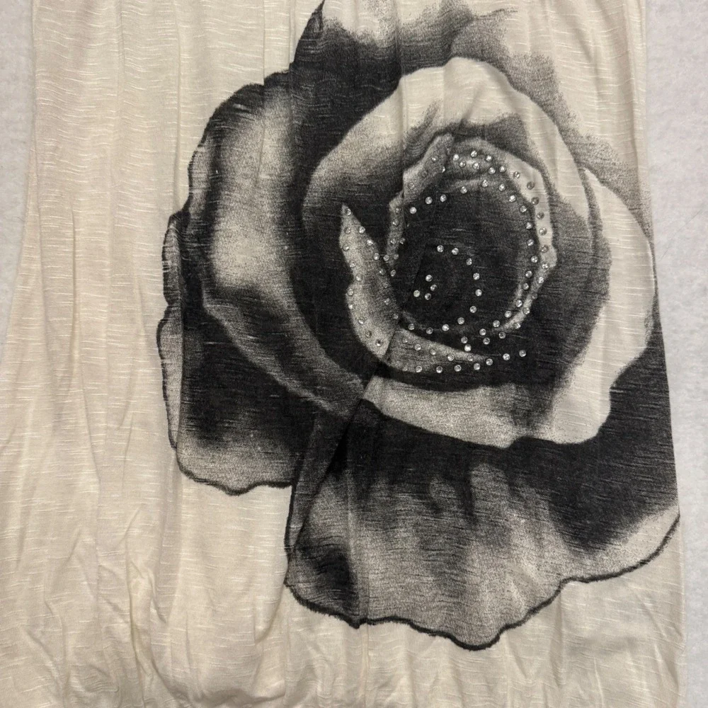 Tres Bien Womens Large‎ Lace Yoke Rose Graphic Rhinestone Tank Top Cream Black